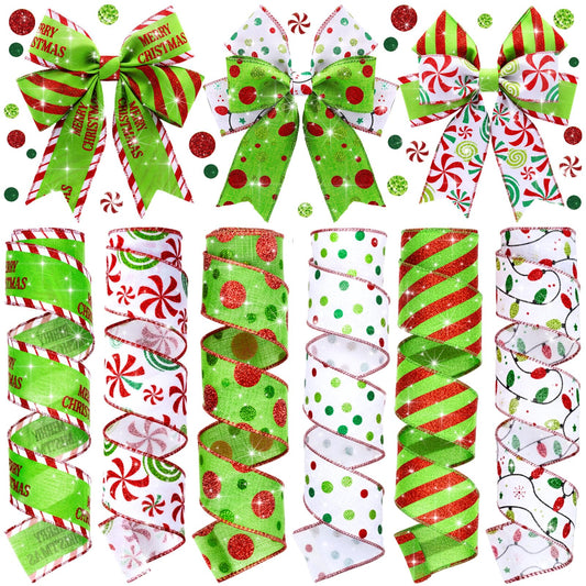 Suncalla 6 Rolls 32 yd Christmas Wired Ribbons 2 Inch Glitter Lime Green Stripe Christmas Ribbon Red and Green Polka Dot Bow DIY Crafts for Xmas Tree Wreaths Decor Xmas Gift Wrapping Home Decoration