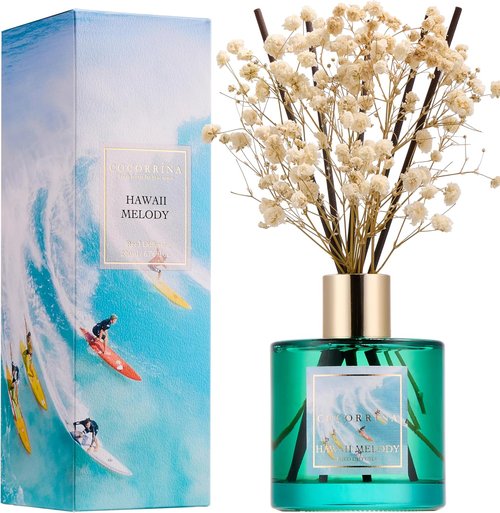 Cocorrína Reed Diffuser - Hawaii Melody 6.7 Fl. Oz Set with 8 Sticks & Preserved Baby's Breath | Home Decor