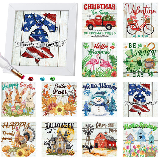 Trandraft 13 Pcs 4th of July Seasonal Diamond Art Kits for Adults 250th Anniversary Favor Interchangeable 5d Small Diamond Art Kits Framed Gem Painting for Summer Holiday Table Decor DIY Craft Gift