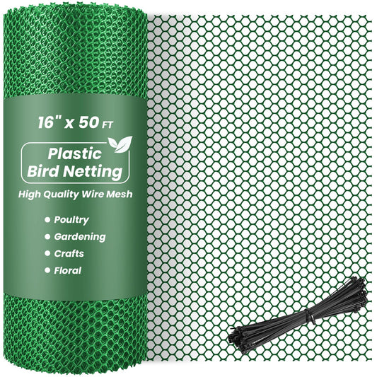 Toolterritary 16IN x 50FT Plastic Chicken Wire Mesh, Chicken Wire for Floral Arrangements, Chicken Wire Mesh for Crafts with 100 Pcs Zip Ties, Mesh Fence for Dogs, Deers, Poultry
