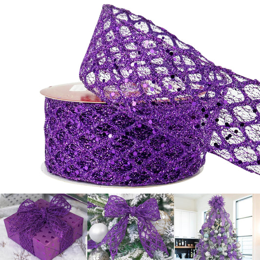 HUIHUANG Purple Wired Ribbon 2.5 inch Glitter Diamond Wire Edge Ribbon for Halloween Decor, Christmas Tree, Gift Wrapping, Bows Making, Wreath Supplies, Garlands, DIY Crafts -10 Yards