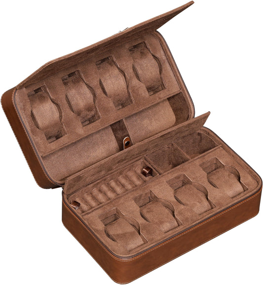 ROTHWELL 8 Watch Travel Case Storage Organizer for 8 Watches, Sunglasses, Rings & Cufflinks |Tough Portable Protection with Zipper Fits Most Wristwatches & Smart Watches Up to 50mm (Tan/Brown)