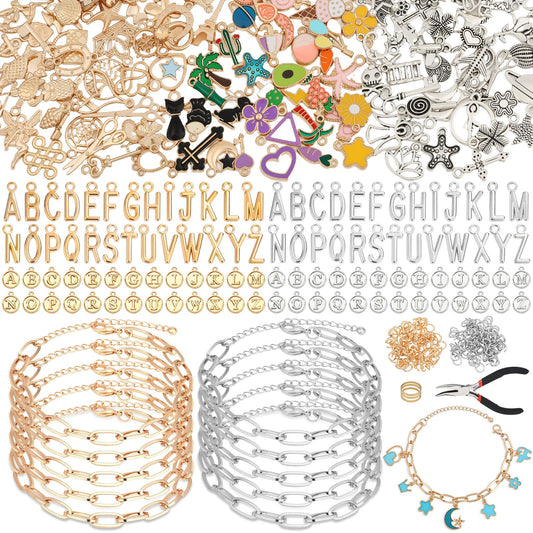 Charm Bracelet Making Kit for Adults & Teens, 477Pcs DIY Charm Bracelet Set with Gold & Silver Charms, Paperclip Chain Bracelets, Alphabet Charms, Complete Jewelry Making Supplies for Crafting