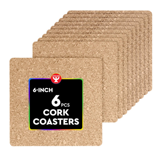 Hygloss Products Natural Cork Coasters - Eco Friendly Absorbent Square for Drinks, Trivets, and DIY Crafts, 3mm, 6 inch, Set of 6
