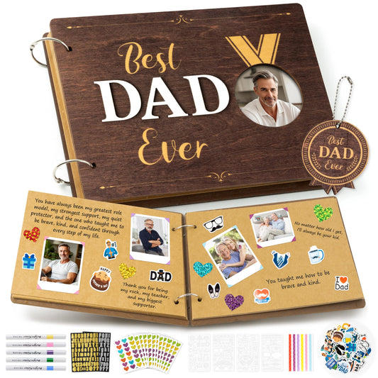 CY2SIDE Best Dad Ever Album Scrapbook - Father’s Day Wooden Scrapbook Craft Kit, DIY Photo Memories Book with 30 Pages Birthday Gift for Father’s Day, DIY Handmade Scrapbook Gift for Dad Grandpa