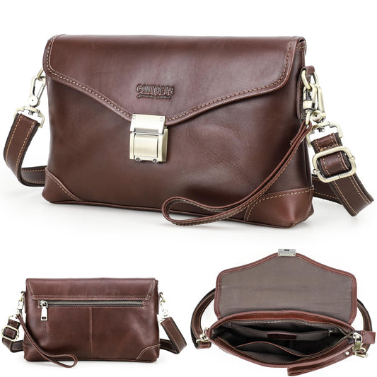 Top Grain Genuine Leather Clutch Wallet for Man & Woman, Handmade Retro Design, Combination Lock & Adjustable Shoulder Strap & Wristlet, Portable Handbag for Cards/Checks/Phone/Banknote, Dark Coffee