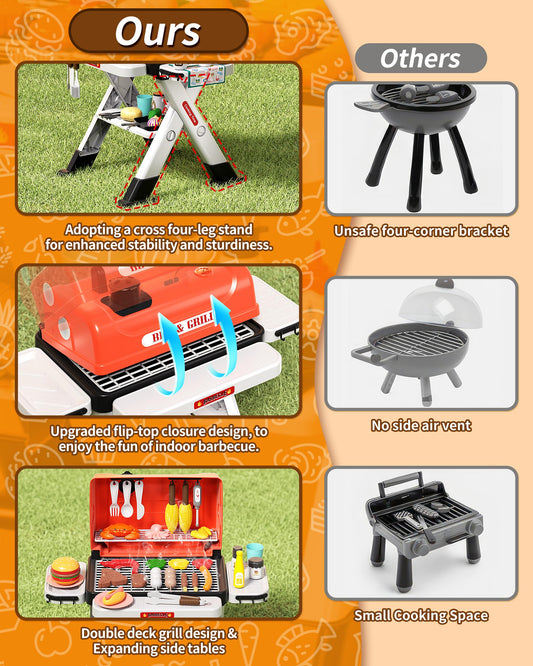 STACTCUTE Kids BBQ Grill Playset with Realistic Steam, Sound & Lights - 60Pcs Pretend Play Kitchen Food Toy for Toddlers Boys Girls for 3-5+ - Sturdy Double-Layer Outdoor Backyard Cooking Set Gift