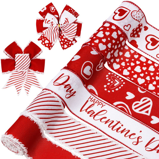 Whaline 36 Yard Happy Valentine's Day Wired Edge Ribbon Red White Love Hearts Craft Ribbon with Burr Wedding Fabric Wrapping Ribbon for Anniversary Wreath Bow Making DIY Crafts Supplies, 6 Roll