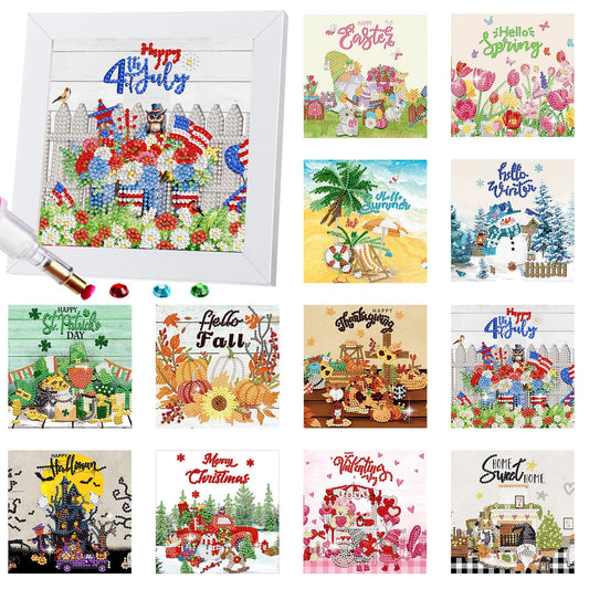 Trandraft 13 Pcs Interchangeable Seasonal Diamond Art Kits for Adults 250th Anniversary Favor 5d Small Diamond Art Kits Framed Gem Painting for Summer Holiday Table Decor DIY Craft 4th of July Gift