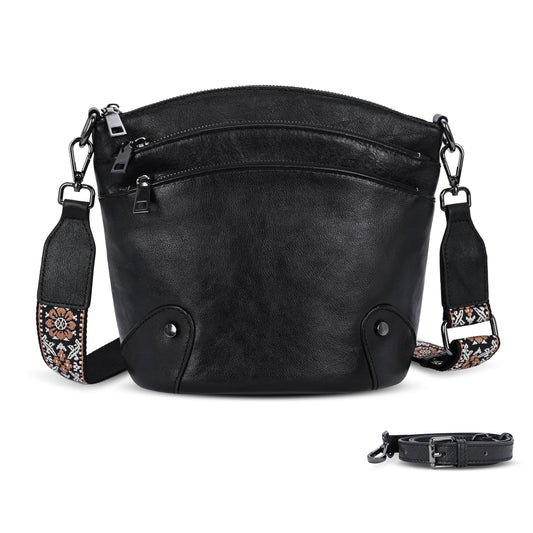 HESHE Crossbody Bags Leather Purses for Women Vintage Shoulder Handbags with Multi Pockets Cross Body Purses for Travel (Black)
