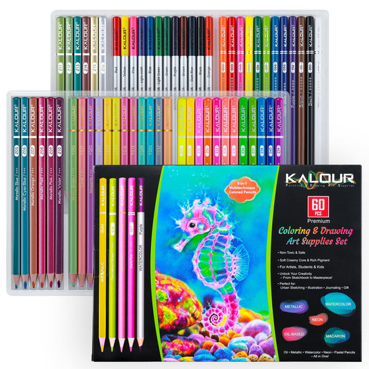 KALOUR 60 Art Drawing Pencils Set,Including Oil-Based, Metallic, Watercolor, Neon, Macaron Pastel Colored Pencils.Ideal for Sketching, Coloring & DIY Crafts,Gift for Adults Kids Artists Beginner
