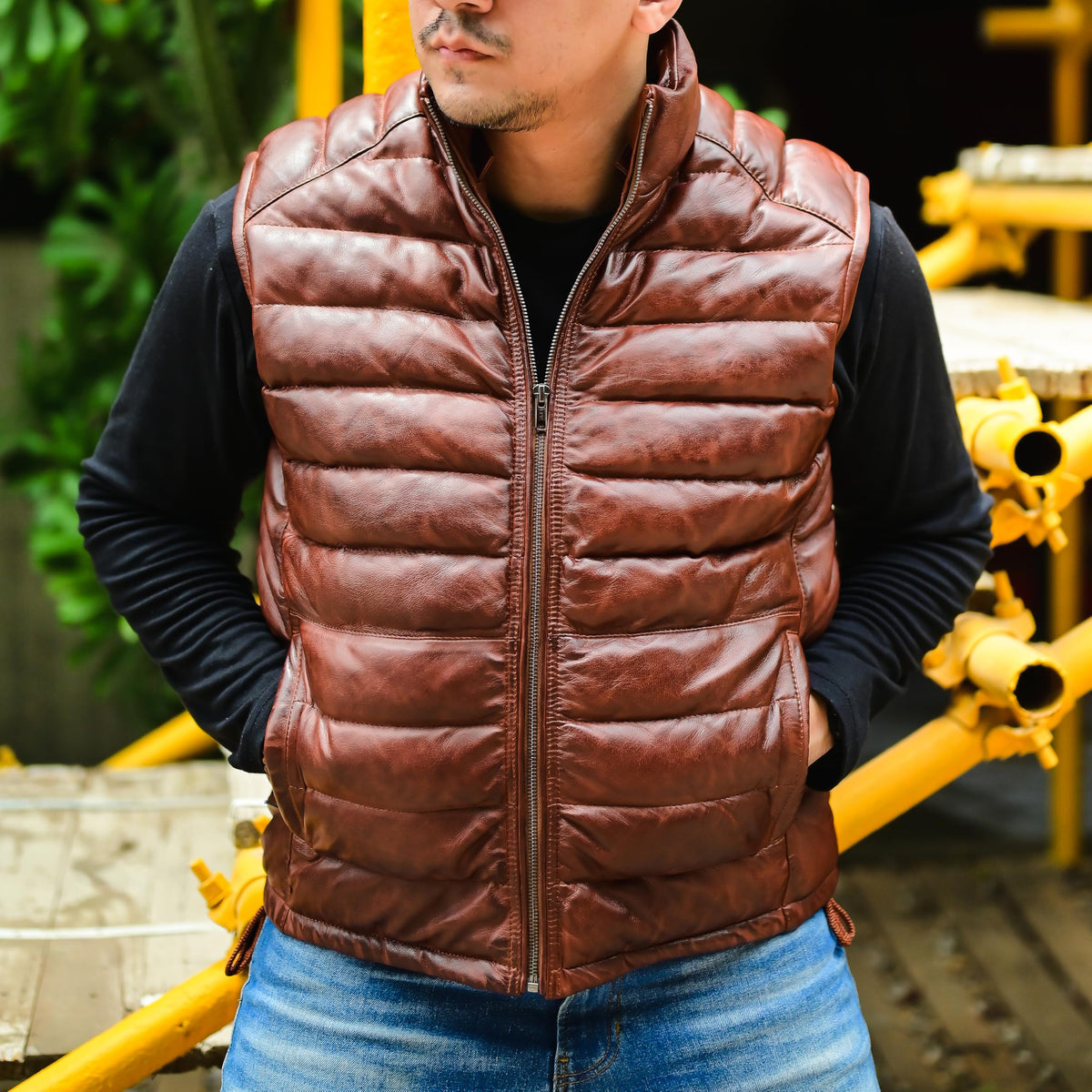 Jild Lambskin Leather Puffer Vest with Removable Hood - Stand Collar Casual Style Sleeveless Leather Jacket Men (Puffer-Tan-XXL)