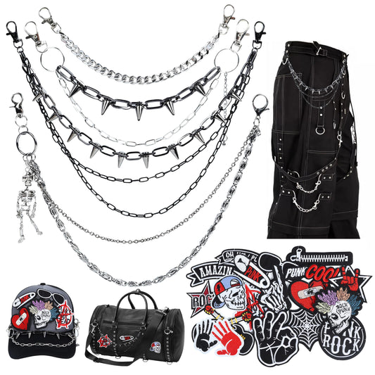 Meneng Punk Chains Kit for Men: 24PCS Black Hats Pants Chain with Embroidered Patch - Goth Hip Hop DIY Crafts for Jeans Wallets Belts Pockets Trucker Hats