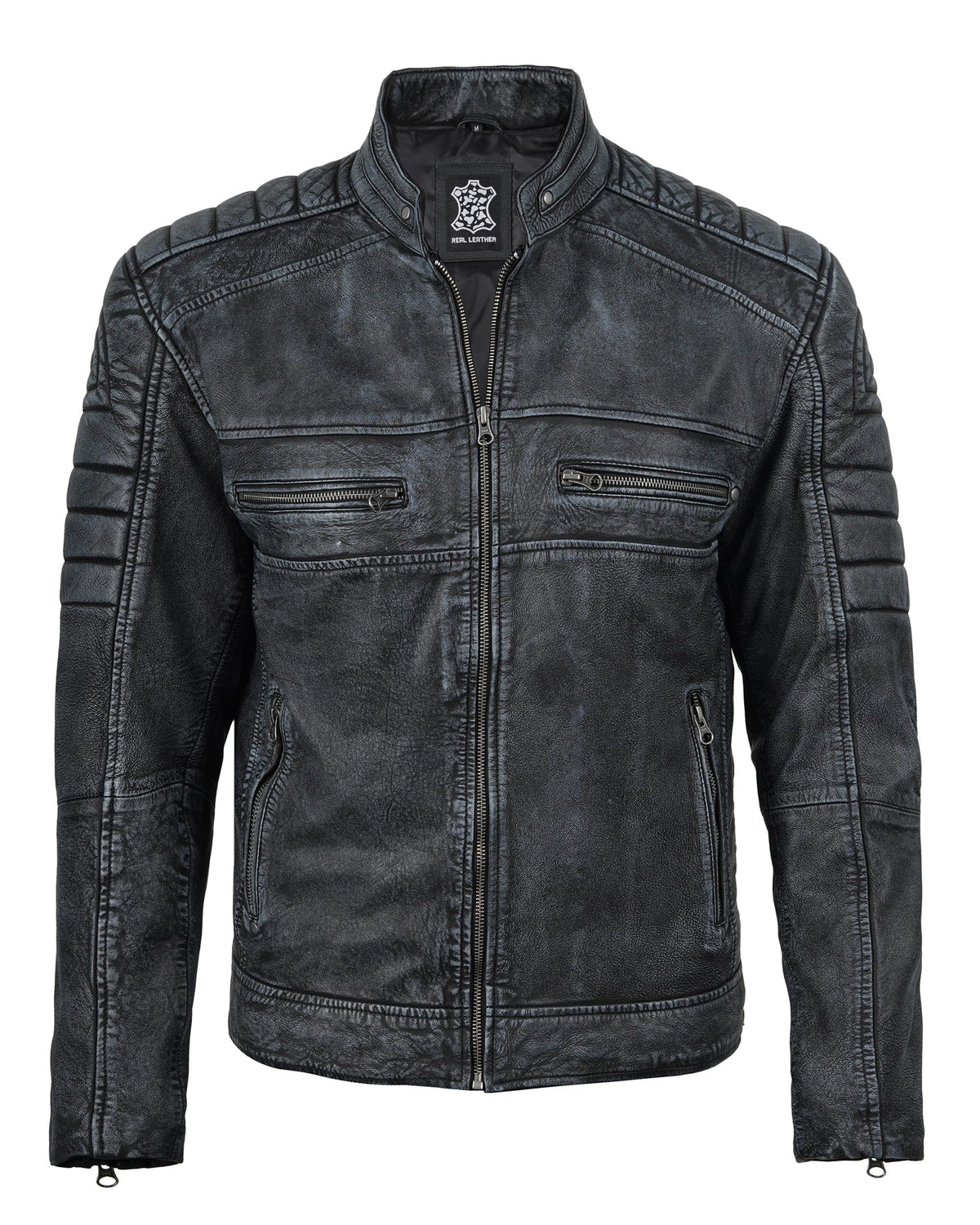 fjackets Cafe Racer Leather Jacket Men - Real lambskin leather jacket men Motorcycle Jacket Mens Austin Men's Distressed washed | [1132614] Black, L