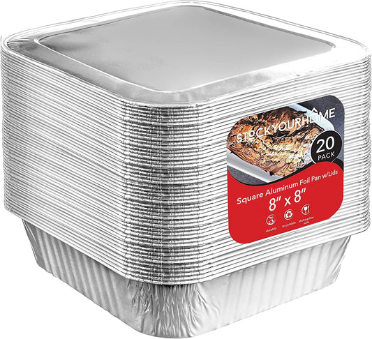 Stock Your Home 8x8 Foil Pans with Lids - 20 Pack of 8-Inch Square Aluminum Baking Containers