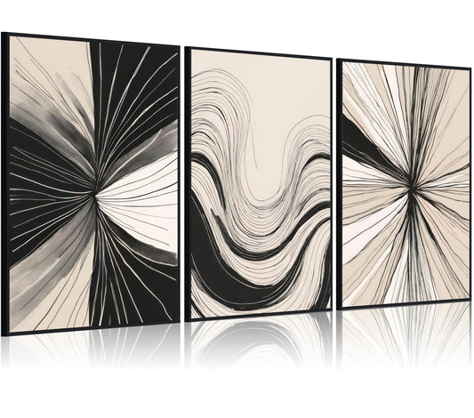 3Pcs Abstract Line Wall Art Modern Boho Neutral Line Wall Decor Mid-Century Paintings Geometric Minimalist Black and Beige Posters prints Artwork for Living Room Bedroom Office Home12x16in Unframed