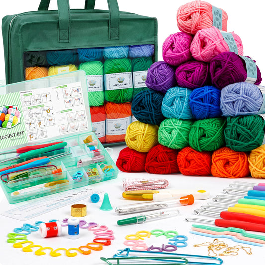 INSCRAFT Crochet Yarn Kit for Beginners Adults and Kids, Includes 1650 Yards 30 Colors Acrylic Skeins, User Manual, Hooks, Dark Grass Bag etc, Make Amigurumi & Projects, Starter Set for Professionals
