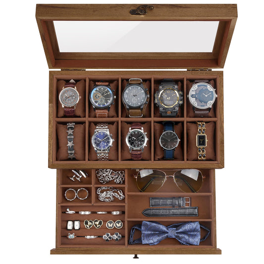 GALHUBIS Watch Box with 10 Slots, 2-Tier Watch Case for Large Dial Watches, Watch Display Case with Lid, Removable Watch Pillows, Gifts for Men Women, Watch Organizer with Drawer, Jewelry Box, Walnut