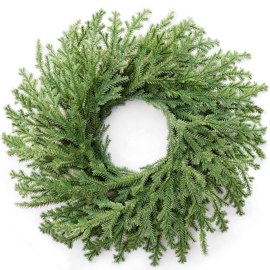 AMORISE 26" Norfolk Pine Wreath, Large Greenery Wreath for Front Door, Green Year Round Real Touch Artificial Wreath for Wall Porch Rustic Home Holiday Decor, with Lights, Red Bow, Bell, FF11
