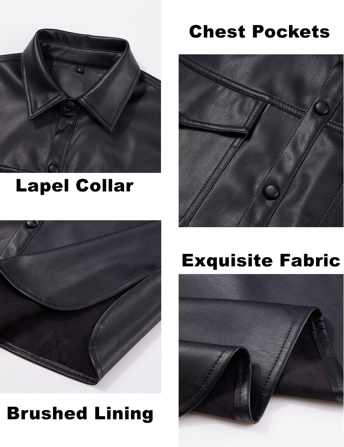 XULIKU Women Faux Leather Shacket Jacket,Fall Spring Button Down Lapel Long Sleeve Shirts with Pockets,Black,XS