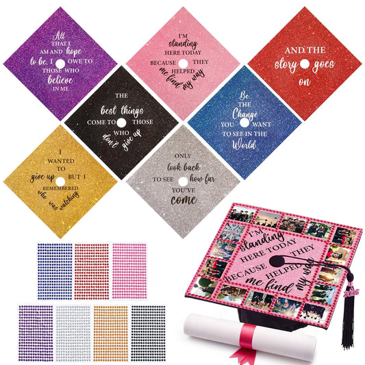 Gersoniel 14 Pcs DIY Photo Graduation Cap Topper Decorations with 7 Sheet Pearl Stickers 2026 Personalized Glitter Printed Design Inspirational Cap Topper Decal for Graduation Craft Accessories Decor