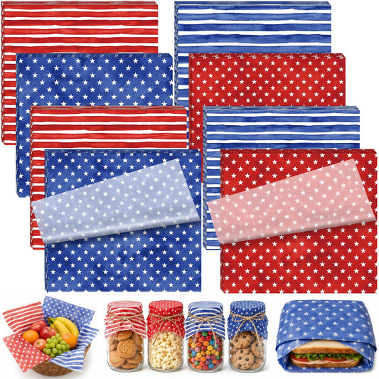 240 Sheets Watercolor Patriotic Wax Paper for Food Deli, 9.8 x 8.3'' Seamless Blue Red Stars Stripes Greaseproof Wrapping Paper for 4th of July Sandwich Picnic Basket Liner Party Supplies