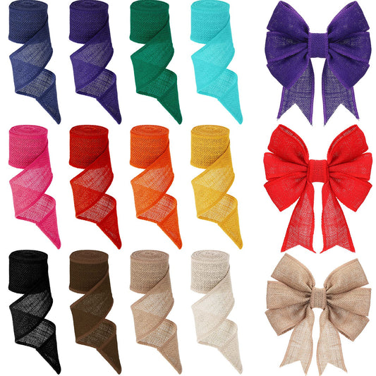 Syhood 12 Rolls Christmas Burlap Wired Edge Ribbons 2.4 Inch Wide 45.6 Yards for Christmas Bow DIY Craft Gift Wrapping Wreath Making Holiday Party Decorations