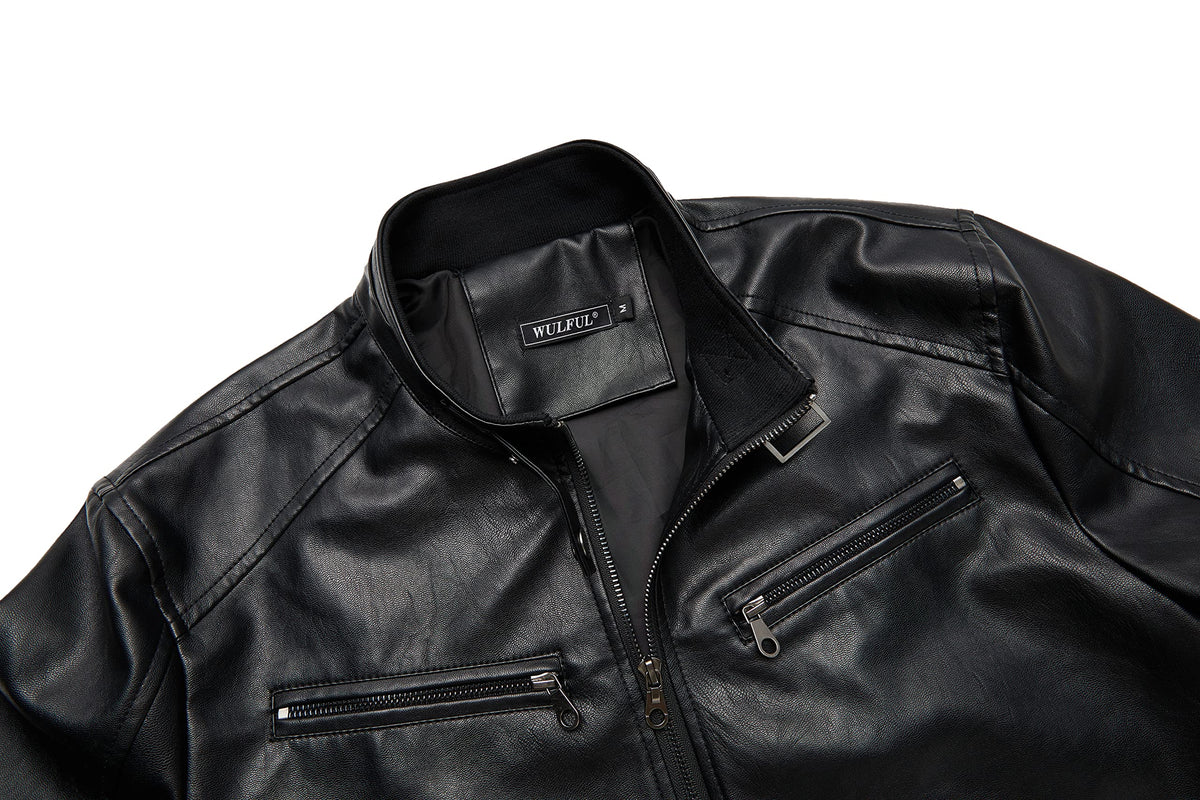 WULFUL Men's Stand Collar Leather Jacket Motorcycle Lightweight Faux Leather Outwear