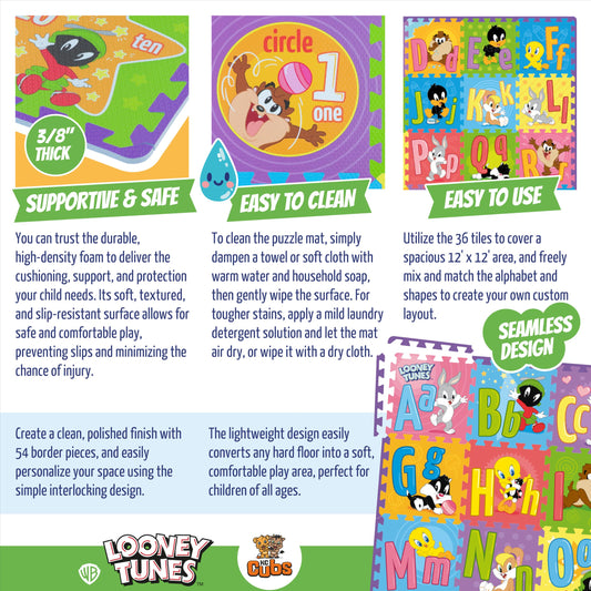 Looney Tunes ABC, Numbers & Shapes EVA Foam Puzzle Mat Non-Toxic Play Mat for Tummy Time, Kids Preschool & Nursery - 36 Tiles, 12x12”, 24 Borders - Educational Playmat for Toddlers & Children, KC Cubs