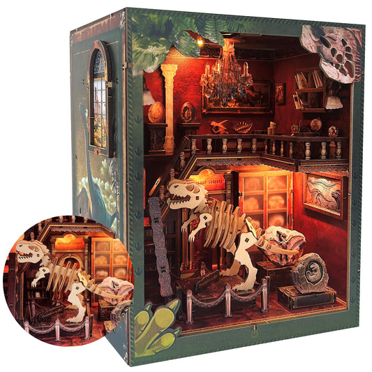 Soothee DIY Book Nook Kit with LED Lights | 3D Puzzles for Adults & Teens, Miniatures and Model Building Kits for Bookshelf Decor, Relaxing & Unique Gift for Craft Lovers | Dinosaur Museum