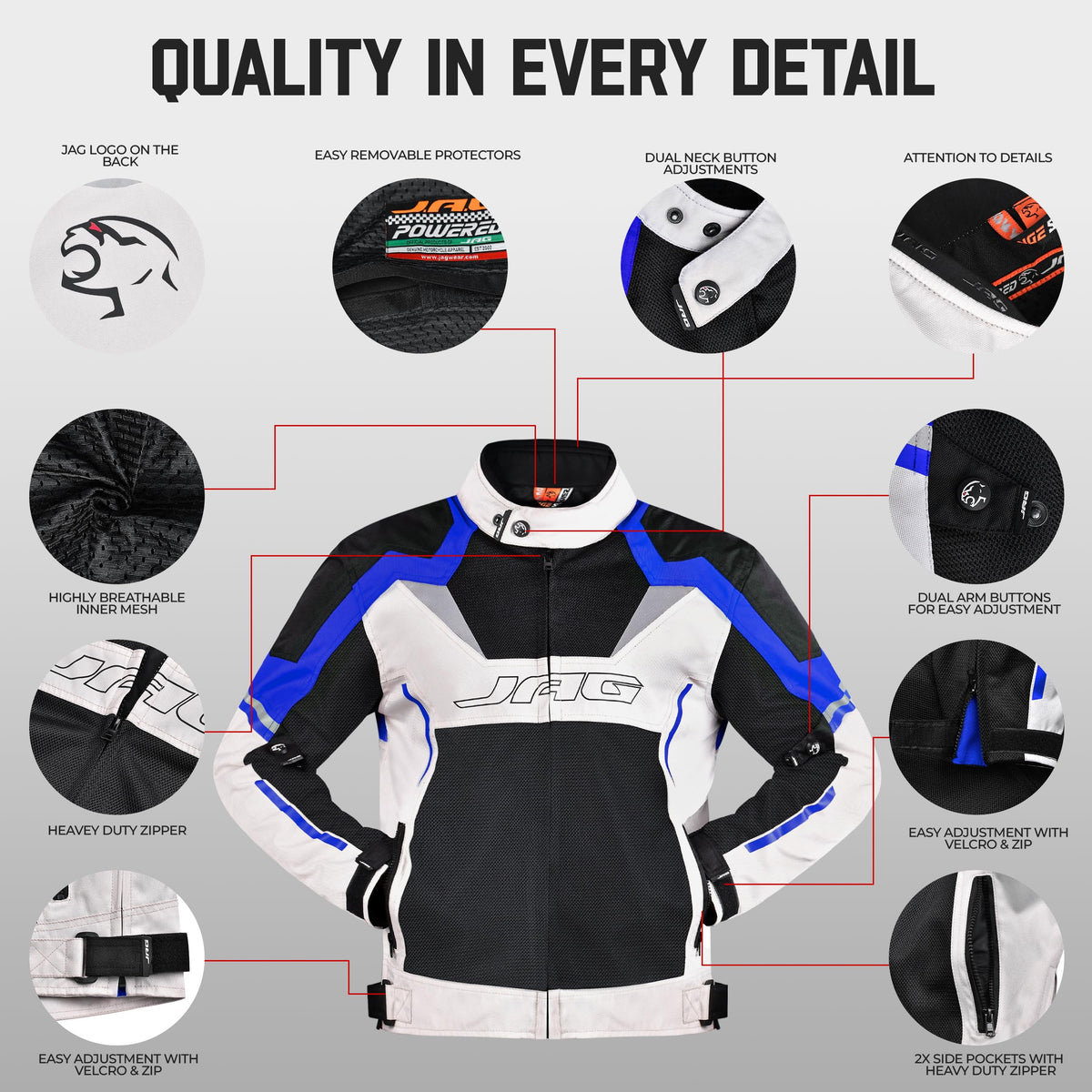 J.A.G. JAG Mesh Motorcycle Biker Jacket-CE Level 1 Armor Motorbike Jacket Men-High Visibility Riding Jacket with Armor (US, Alpha, XX-Large, Regular, Regular, Blue)