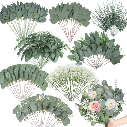 200 Pcs 8 Kinds Mixed Artificial Eucalyptus Stems Bulk Fake Silver Dollar Eucalyptus White Seeds Stems Bundle Faux Plants Greenery for DIY Bouquets Floral Arrangement Wedding Engagement Party Decor