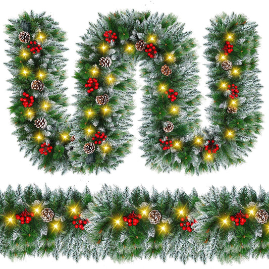 Christmas Garland with Lights - 9FT Pre-Lit Flocked Garland with 30 LED Bulbs, Red Berries, Pine Cones, Artificial Pine Battery Operated Garland for Fireplace, Staircase, Indoor & Outdoor Decoration