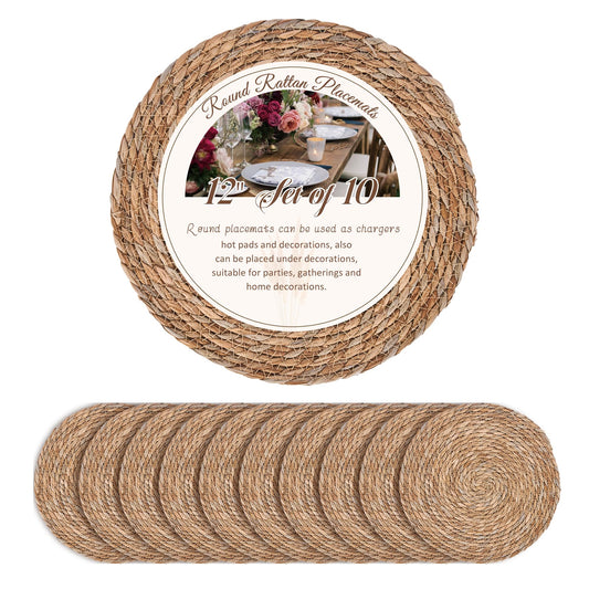 Defined Deco Woven Placemats Set of 10,12" Round Rattan Placemats,Natural Hand-Woven Water Hyacinth Placemats,Farmhouse Weave Place Mats,Rustic Braided Wicker Table Mats for Dining Table,Home,Wedding.