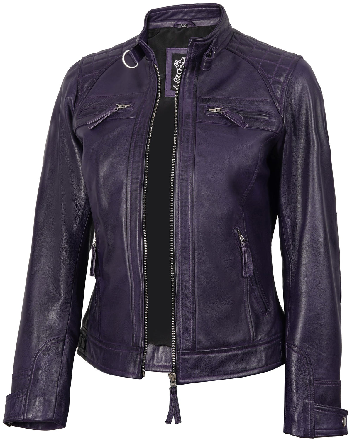 fjackets Real Leather Jacket Women - Cafe Racer Slim Fit Black Stand Collar Jackets For Womens | [1315426] Diamond1 Purple, 2XL