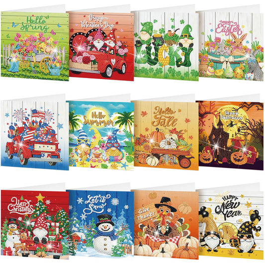 Saillong 12 Pack Holiday Diamond Painting Greeting Card Kit Seasonal Diamond Art Cards with Envelopes Summer Patriotic 5D Rhinestones Painting Making Kit for Adult DIY Craft Family Friend Holiday Gift