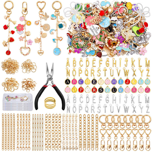 Wurosi 544Pcs Charms Lip Gloss Keychain Making Kit, Bag Charm Kits with Key Chain Hooks, Charms, Chains, Jump Rings, Lobster Clasps, Plier, Gift Bags & Tools, DIY Craft Supplies, Valentines Gifts