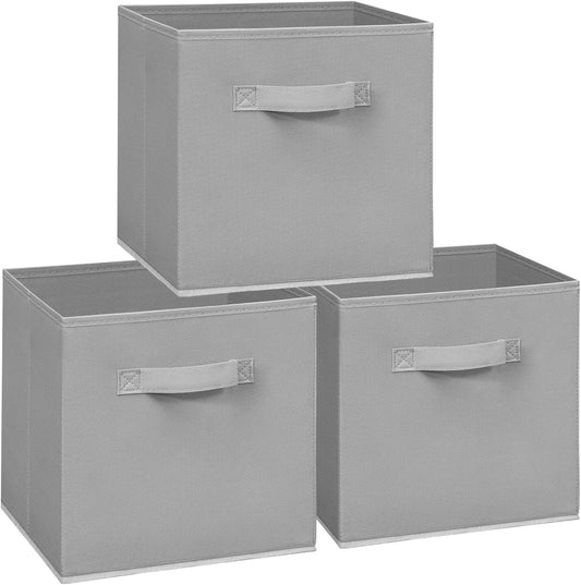 Skiennix 11x11 Storage Bins - Set of 3 Collapsible Fabric Organizers with Handles | Grey