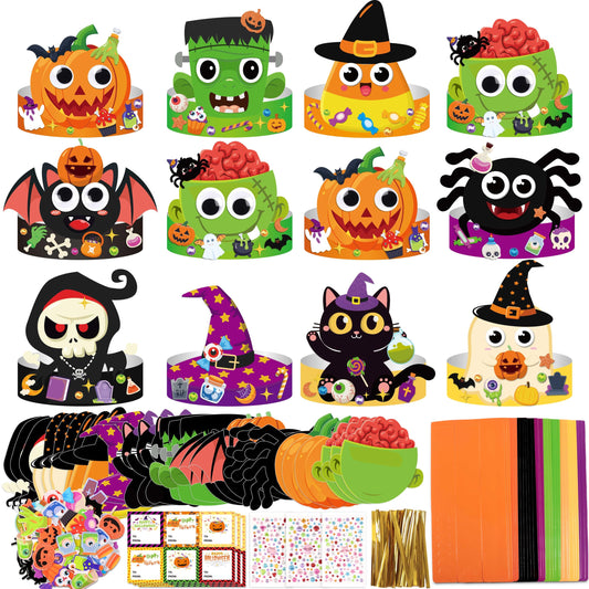 Eternity sky 30 Sets Halloween Crafts - DIY Headbands Paper Crown Hat Art Kit Set with Stickers for Party Favors