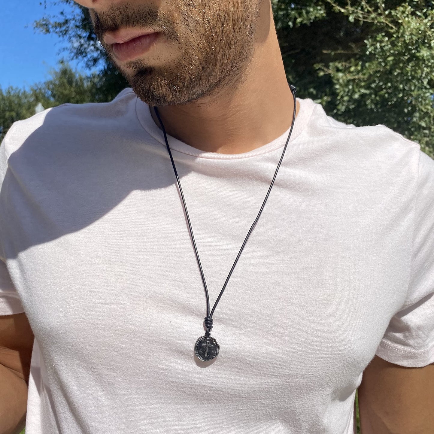 Cross Leather Necklace Mens - Men Cross Coin, Religious Pendant, Medallion Necklaces, Christmas Gift, Catholic Pendant, Christian Charms, Women Gifts to Husband Cute Crosses Best Friend (Gunmetal)