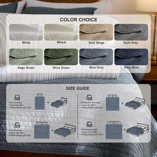 palassio Striped Blue Grey 100% Cotton Quilt Queen Size Bedding Sets, Lightweight Crinkly Channel Pick Stitch Textured Bedspread Soft Shabby Chic Farmhouse Country Coverlet for All Season, 2 Shams