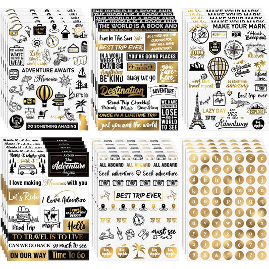 30 Sheets Vintage Travel Stickers Gold Foil Scrapbook Stickers Travel, Accessories for DIY Journals Planners Collage Albums, 6x8 Inch, Adhesive Vinyl Adventure Laptop Decals Gifts for Women Menn