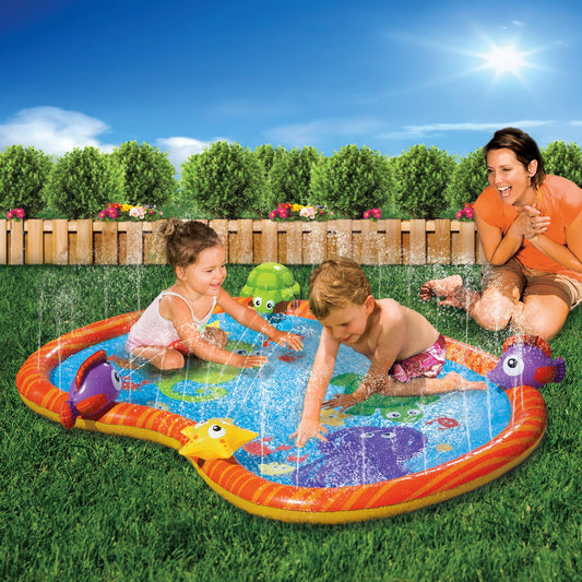 BANZAI Splash Pad Toddler Water Play Mat, 58 in Outdoor Kids Sprinkler Mat with 3D Sea Characters, Baby Splash Pad for Backyard Summer Fun