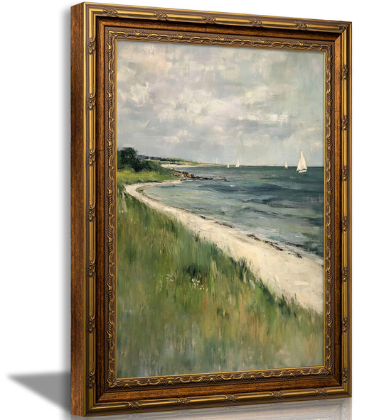 Vintage Gold Framed Coastal Seaside Canvas Wall Art Soft Sea View Beach House Prints Sketch Beach Wall Decor Ocean Atmosphere Plants Style Poster Print Artwork for Living Room Bedroom Home Decoration