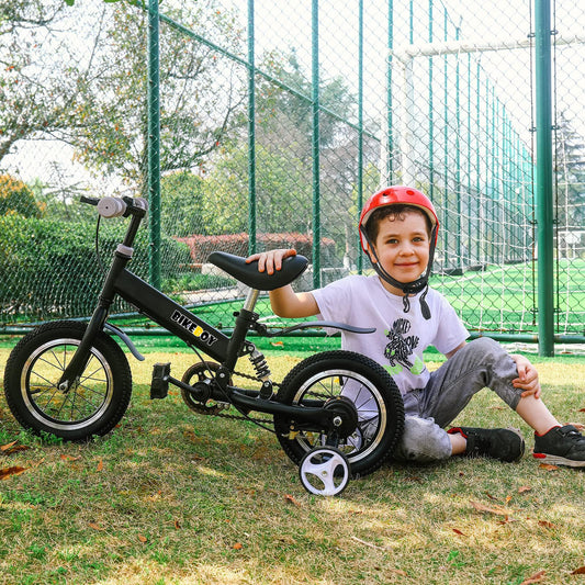 bikeboy Balance Bike 14 Inches, Dual Use Kids Bike for 2-6 Years Old, Shock Absorbers, Fenders, Pedals, Auxiliary Wheels, Black