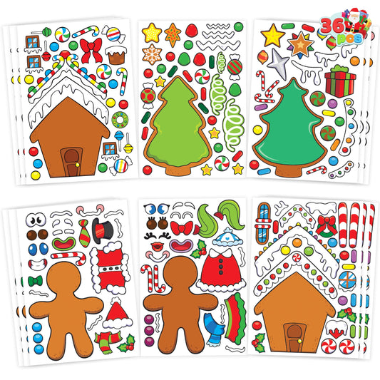 JOYIN 36 Pcs Christmas Make-a-face Sticker Sheets Make Your Own Xmas Cute Stickers with Gingerbread and Tree Sticker Series Design for Kids Party Favor, Art Craft Supplies, Classroom Activities Game
