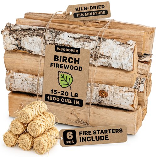 15" Birch Firewood Logs with Fire Starters Set – 1200 cub. in, 15–20 lb | Kiln-Dried & Seasoned Hardwood for Fire Pit, Fireplace | Bright Flames & Pleasant Aroma for Cozy Atmosphere