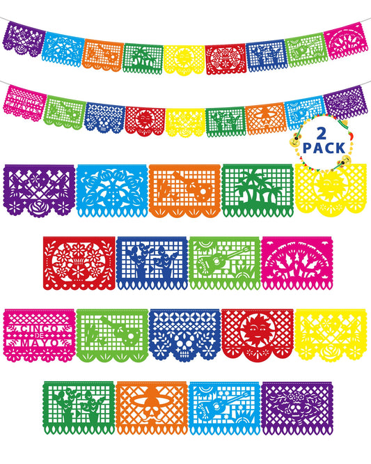 36 FT Cinco De Mayo Decorations, 2 Pack Mexican Party Banner, Plastic Fiesta Banner Colorful Papel Picado Hanging Banner String Flags Mexican Theme Party Dia De Los Muertos Day of the Dead Decor
