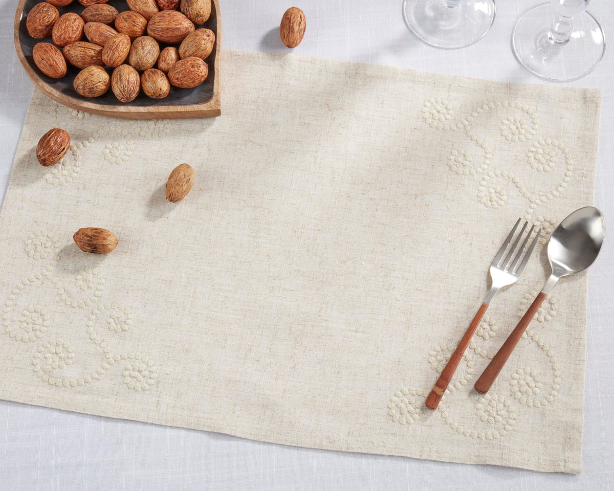 SARO LIFESTYLE 001.N1690B Augustina Collection Embroidered Swirl Design Linen Blend Table Runner, 16" x 90", Natural