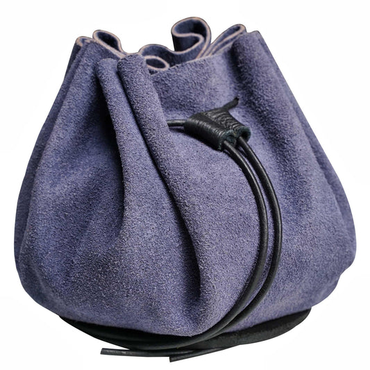 Mythrojan medieval leather pouch suede drawstring belt bag for larp, viking, renaissance cosplay, coin & jewelry waist purse blue, 4.9"x3.5"
